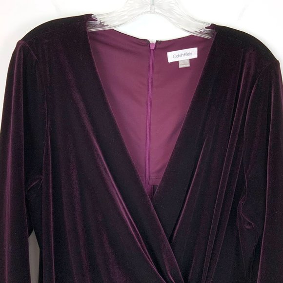 Calvin  Klein Velour Velvet Burgundy Wrap Long Sleeve Dress Sz 14W - Picture 6 of 16